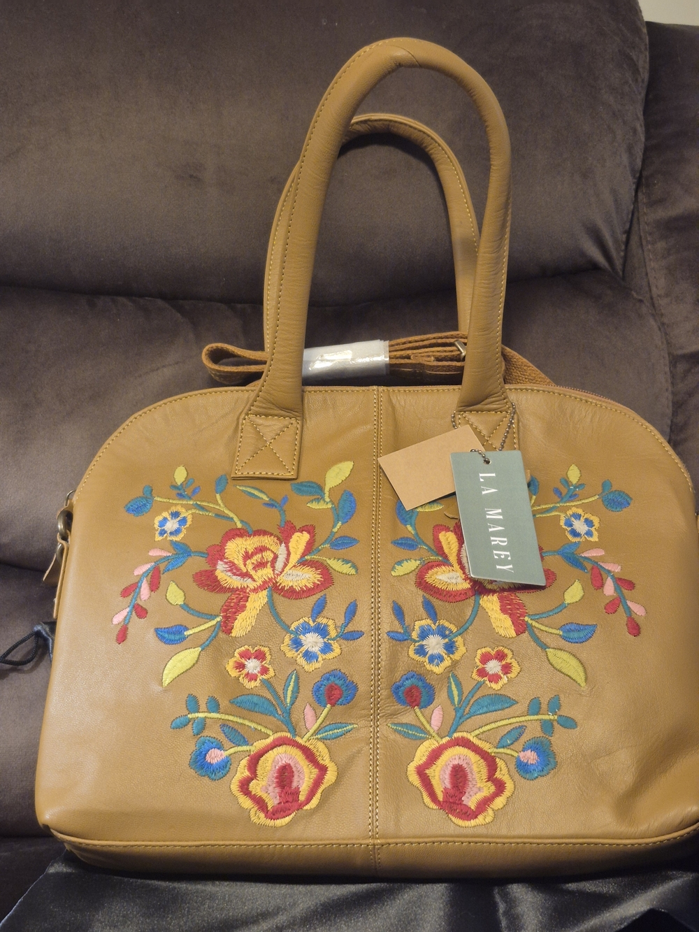 Genuine Leather Embroidered Floral Tote Bag in Camel